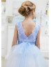 Blue Lace Tulle V Back Flower Girl Dress With Tulle Sash